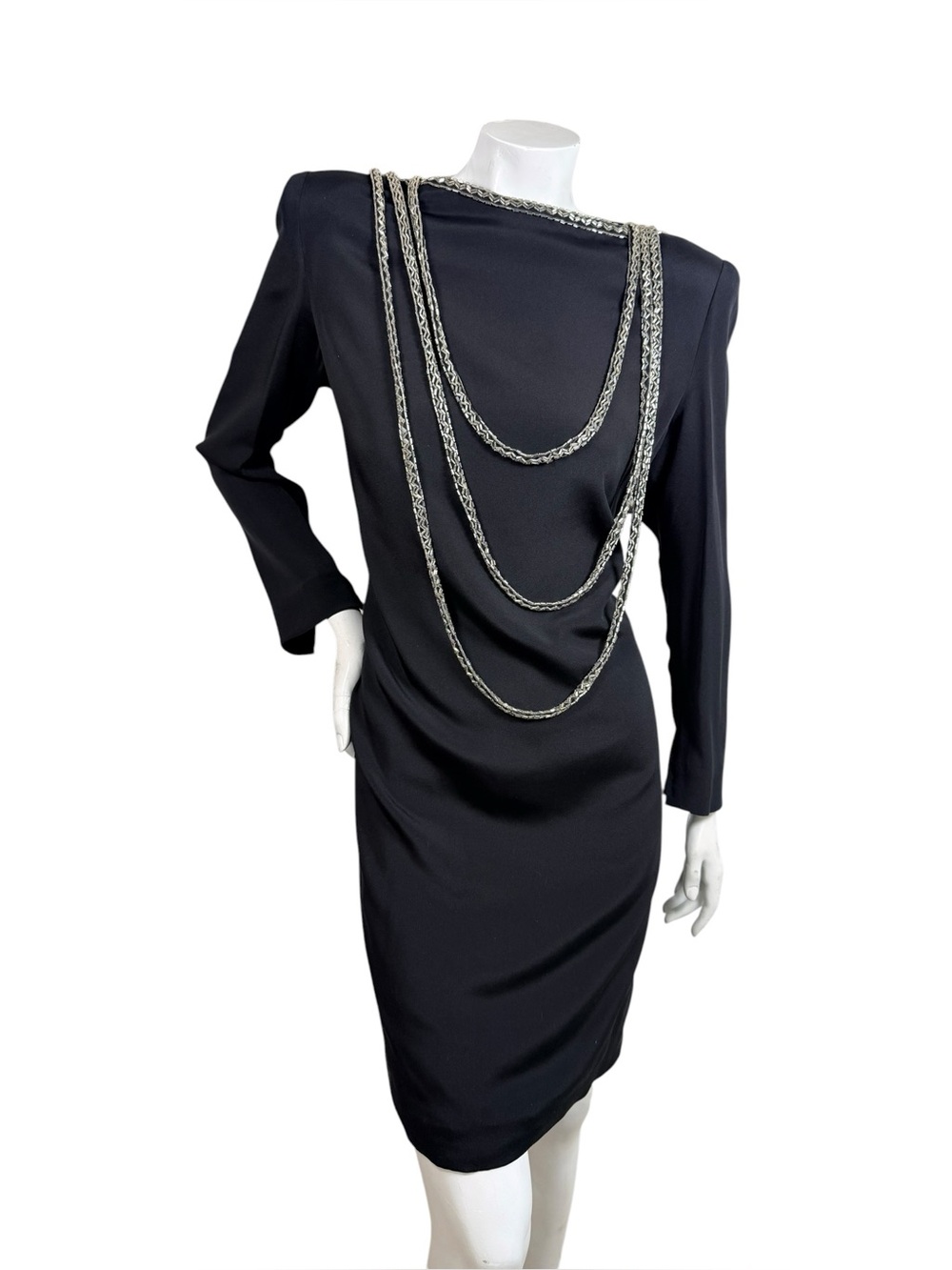 Vintage 80s Bob Mackie Black Silver Beaded Open Back Dress L